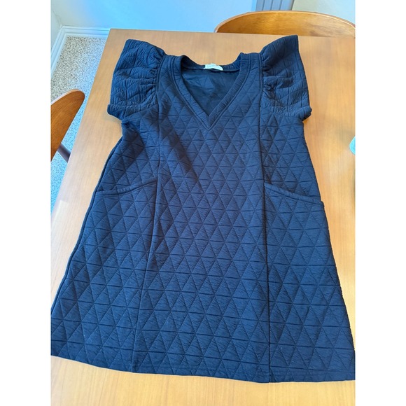 Entro Black Quilted Mini Dress Short Sleeve V Neck Pockets Casual Comfy Medium - Picture 1 of 5